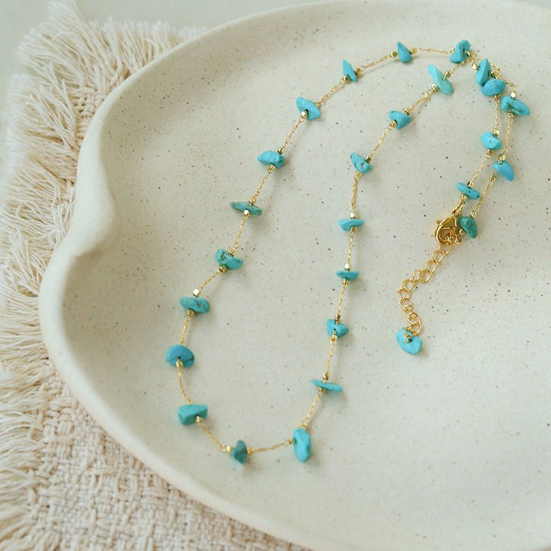 Colorful Natural Chip Bead Starry Collarbone Necklace (Turquoise & Tourmaline) - floysun