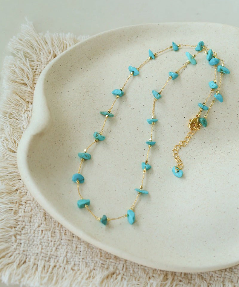 Colorful Natural Chip Bead Starry Collarbone Necklace (Turquoise & Tourmaline) - floysun