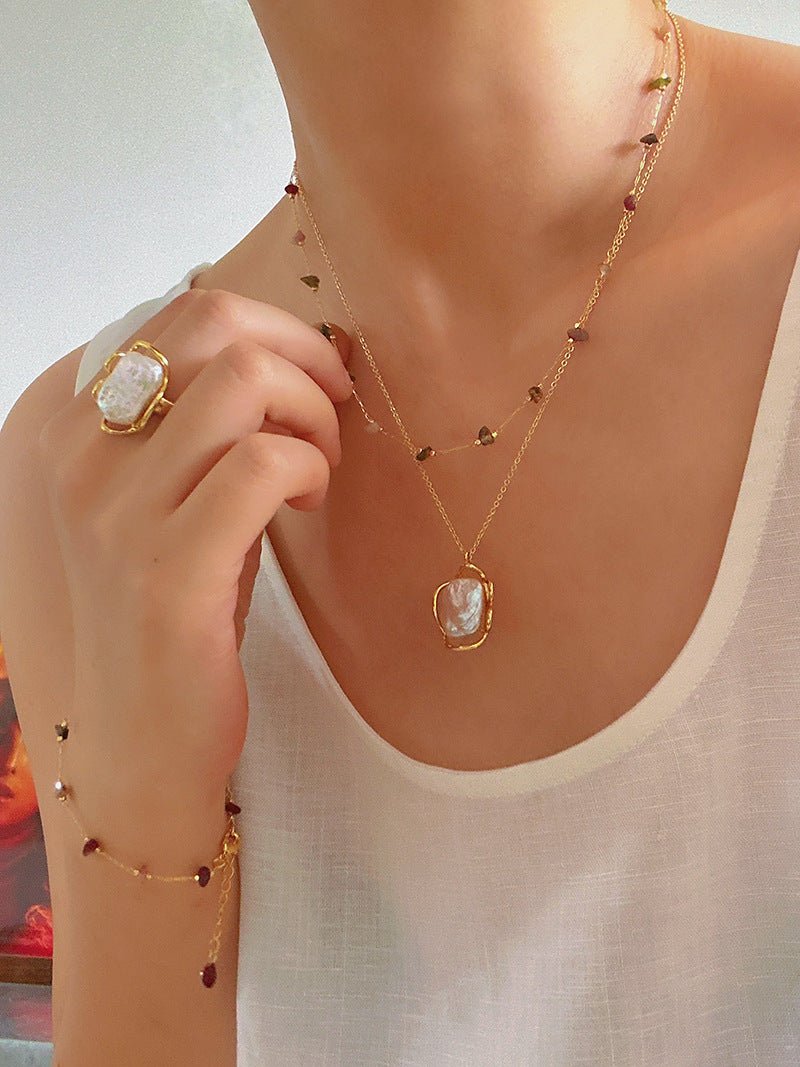 Colorful Natural Chip Bead Starry Collarbone Necklace (Turquoise & Tourmaline) - floysun