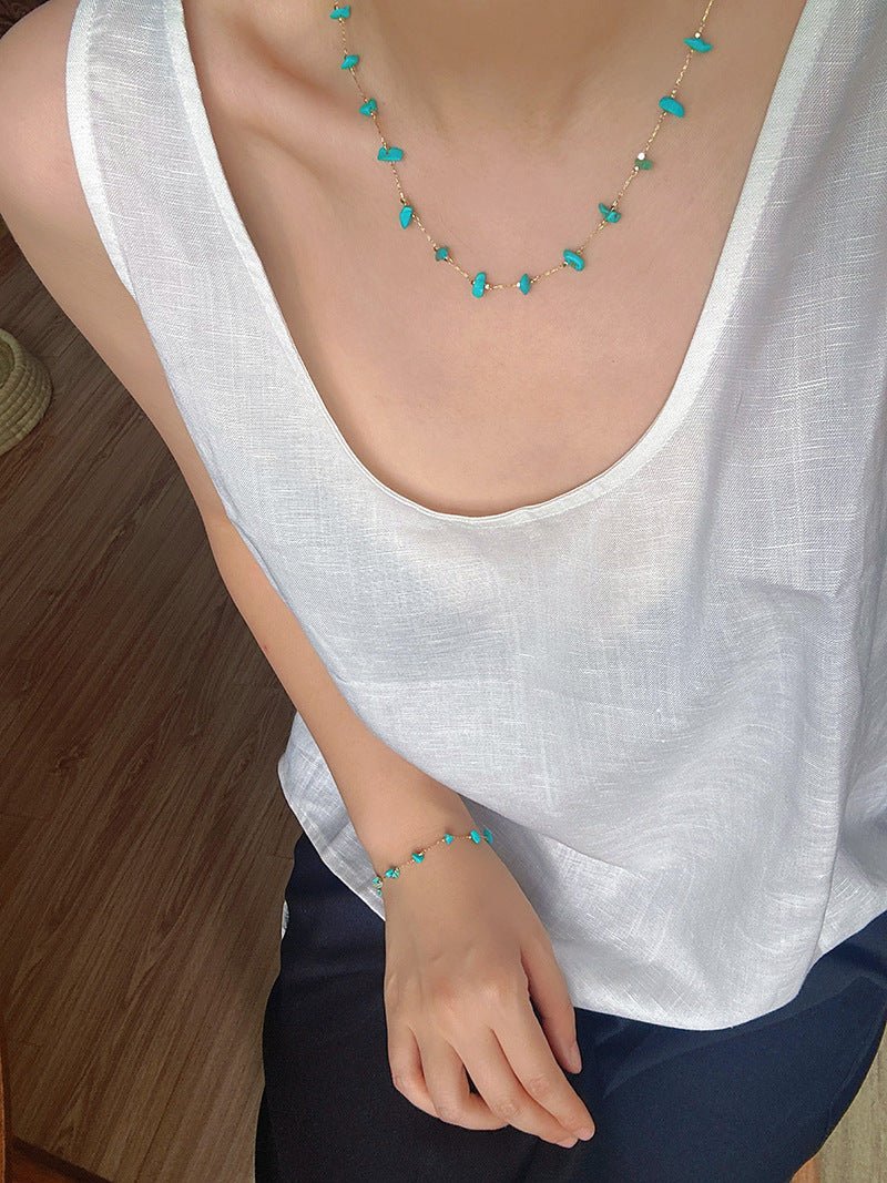 Colorful Natural Chip Bead Starry Collarbone Necklace (Turquoise & Tourmaline) - floysun