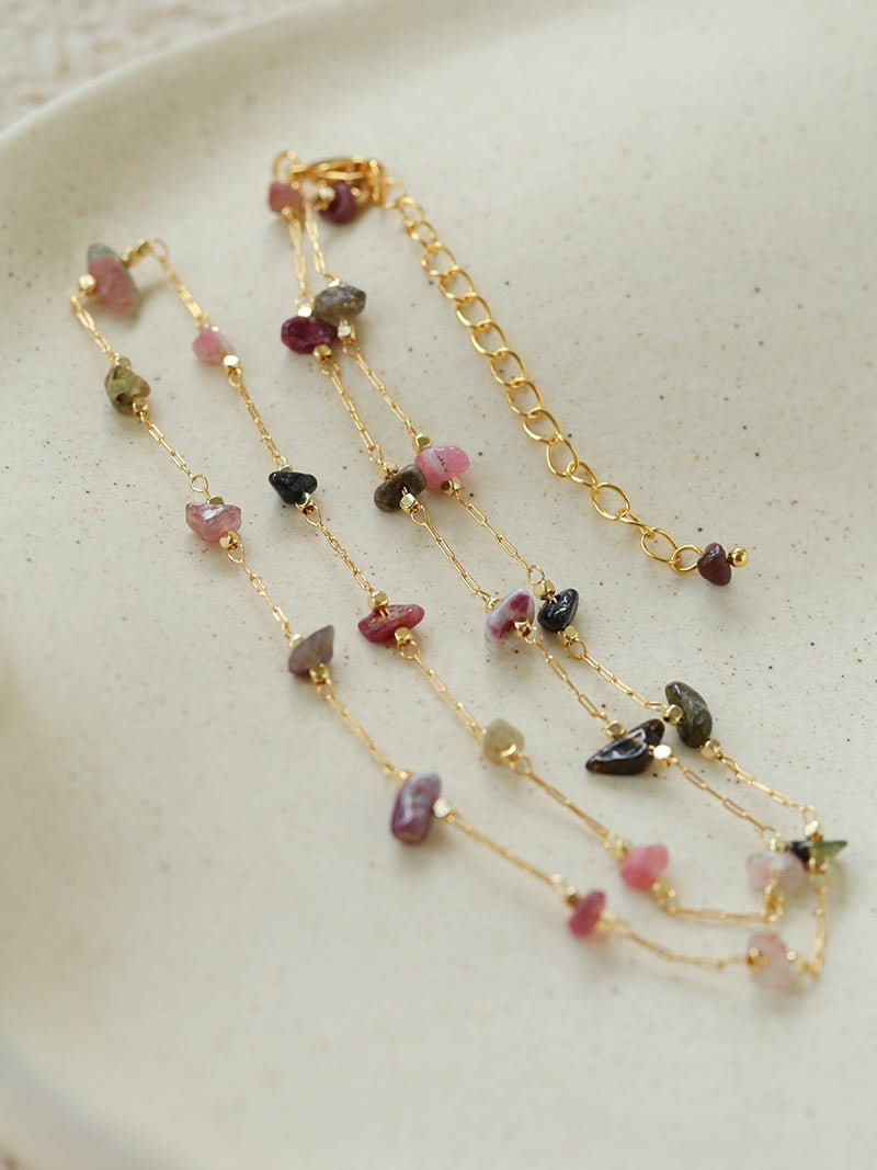 Colorful Natural Chip Bead Starry Collarbone Necklace (Turquoise & Tourmaline) - floysun