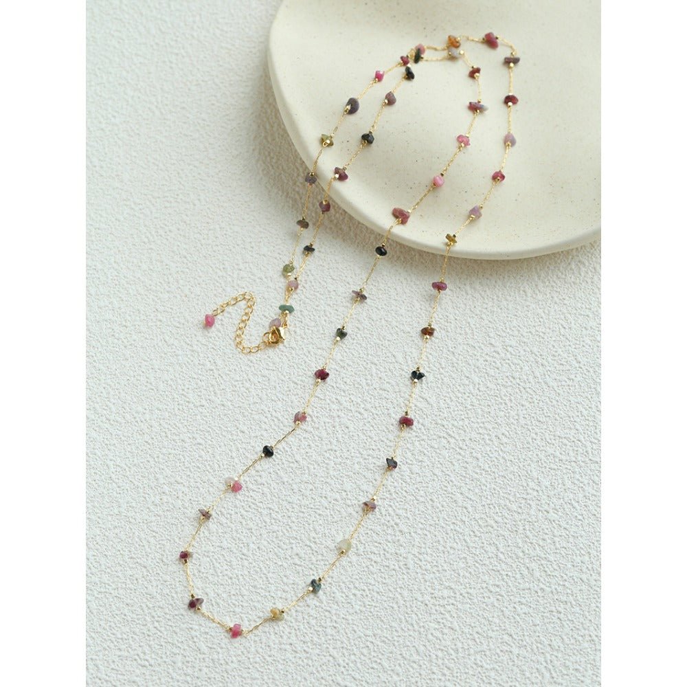 Colorful Natural Chip Bead Starry Collarbone Necklace (Turquoise & Tourmaline) - floysun