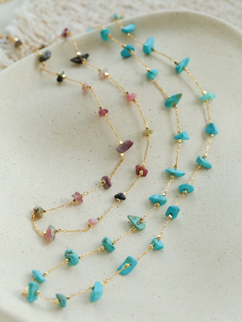 Colorful Natural Chip Bead Starry Collarbone Necklace (Turquoise & Tourmaline) - floysun