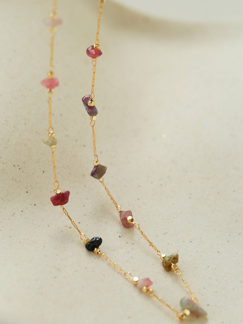 Colorful Natural Chip Bead Starry Collarbone Necklace (Turquoise & Tourmaline) - floysun