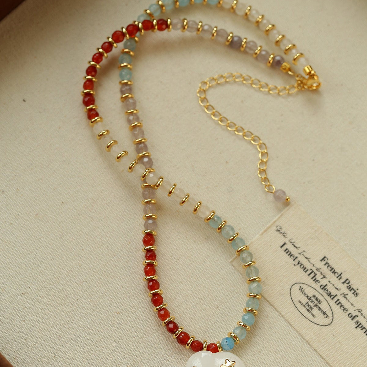 Colorful Natural Stone Beads Necklace with White Jade Elephant Pendant - floysun