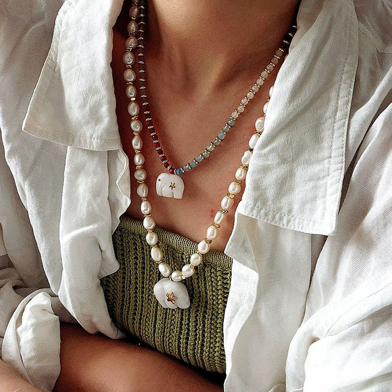 Colorful Natural Stone Beads Necklace with White Jade Elephant Pendant - floysun