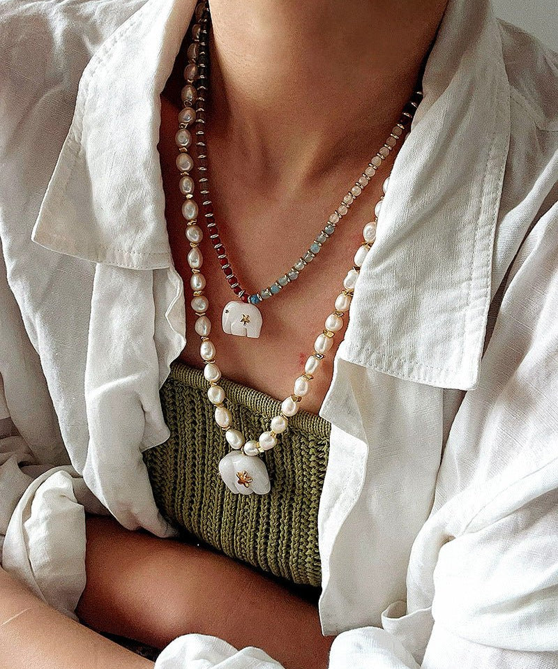 Colorful Natural Stone Beads Necklace with White Jade Elephant Pendant - floysun