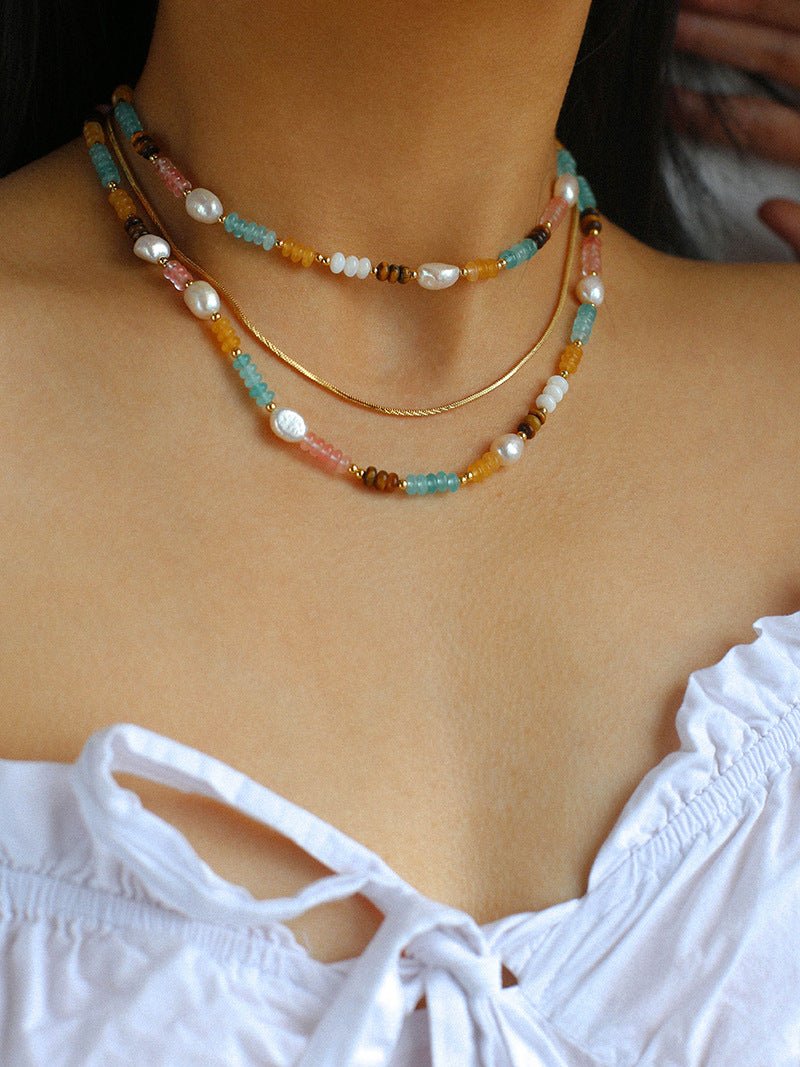 Colorful Natural Stone Pearl Stacked Beads Necklace - floysun