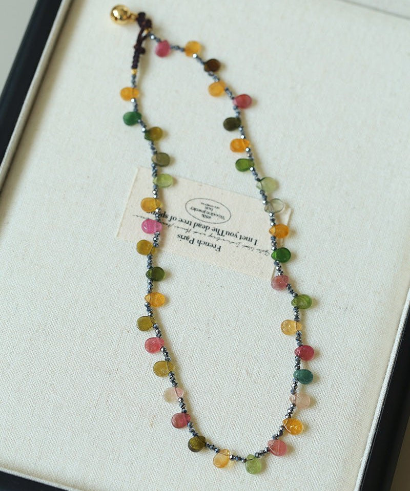 Colorful Waterdrop Tourmaline Woven Necklace Mini Sunstone or Silve Ore Beads - floysun