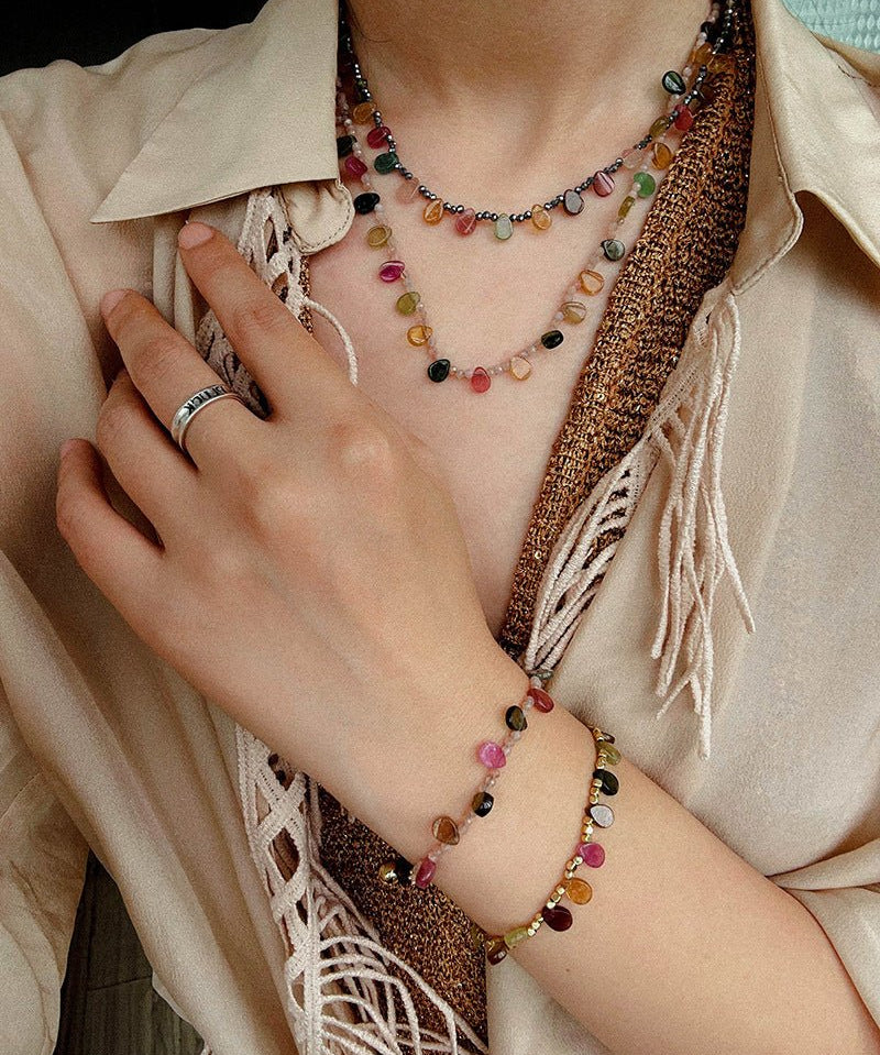 Colorful Waterdrop Tourmaline Woven Necklace Mini Sunstone or Silve Ore Beads - floysun