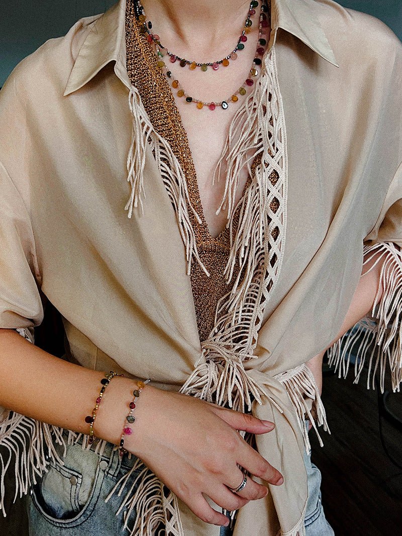 Colorful Waterdrop Tourmaline Woven Necklace Mini Sunstone or Silve Ore Beads - floysun