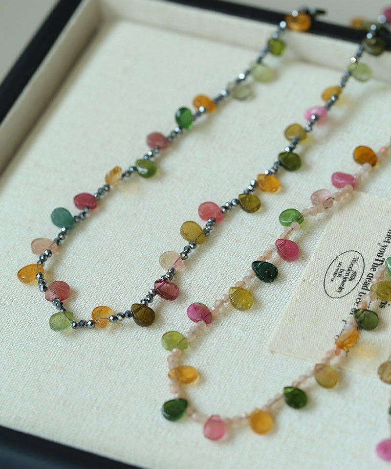 Colorful Waterdrop Tourmaline Woven Necklace Mini Sunstone or Silve Ore Beads - floysun