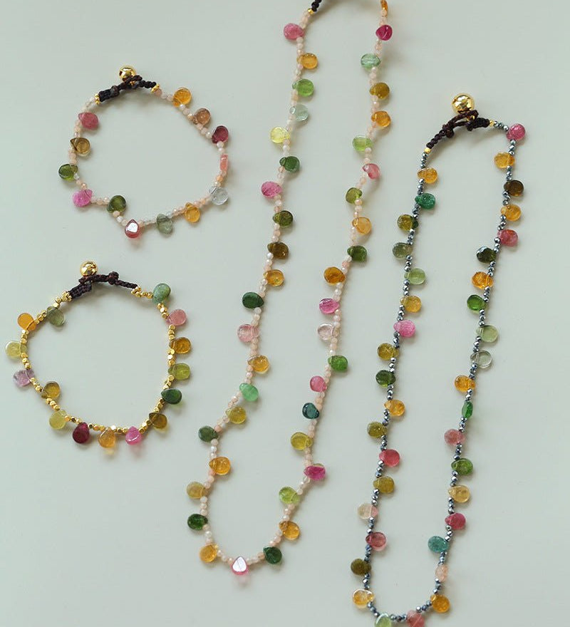Colorful Waterdrop Tourmaline Woven Necklace Mini Sunstone or Silve Ore Beads - floysun