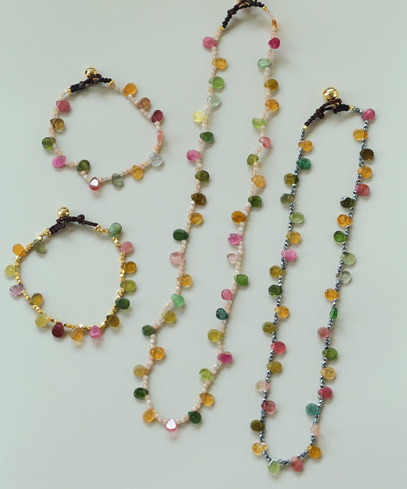 Colorful Waterdrop Tourmaline Woven Necklace Mini Sunstone or Silve Ore Beads - floysun