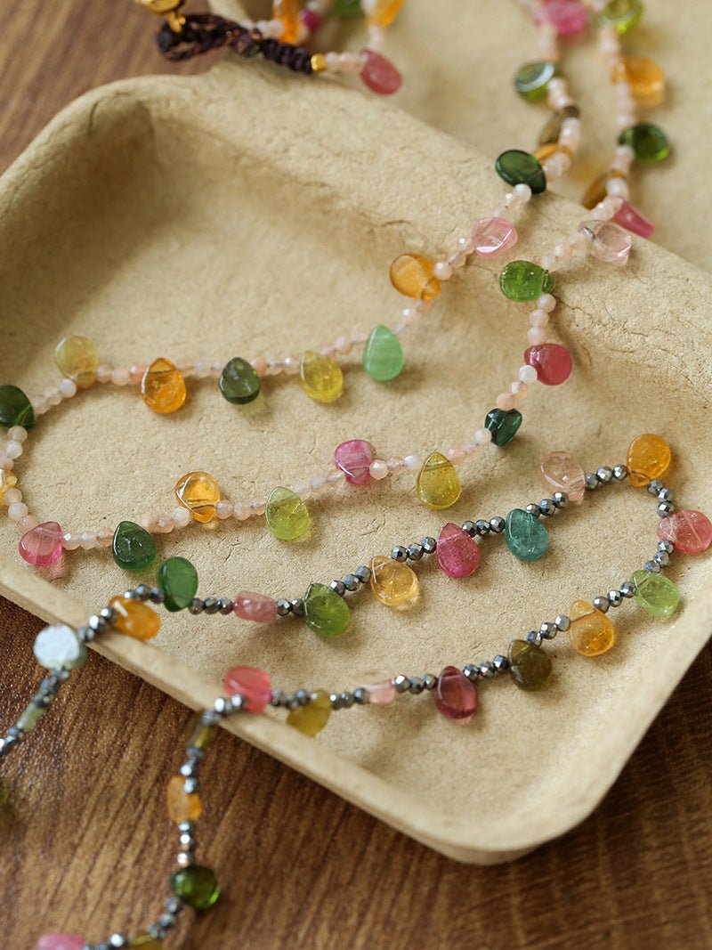 Colorful Waterdrop Tourmaline Woven Necklace Mini Sunstone or Silve Ore Beads - floysun