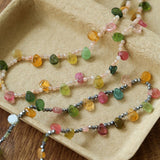 Colorful Waterdrop Tourmaline Woven Necklace Mini Sunstone or Silve Ore Beads - floysun