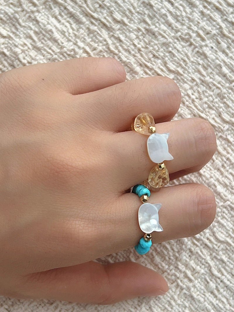 Colorful White Shell Cat‑Head Stretch Beaded Ring - floysun