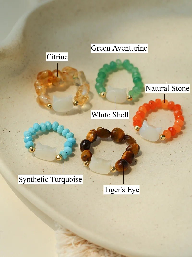 Colorful White Shell Cat‑Head Stretch Beaded Ring - floysun
