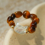 Colorful White Shell Cat‑Head Stretch Beaded Ring - floysun