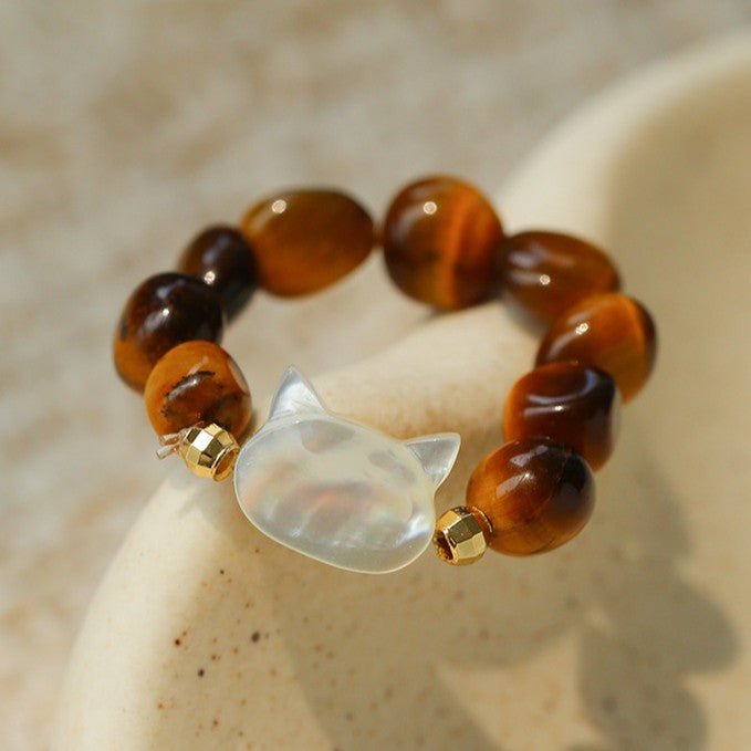 Colorful White Shell Cat‑Head Stretch Beaded Ring - floysun
