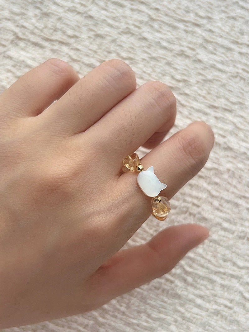 Colorful White Shell Cat‑Head Stretch Beaded Ring - floysun