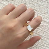 Colorful White Shell Cat‑Head Stretch Beaded Ring - floysun