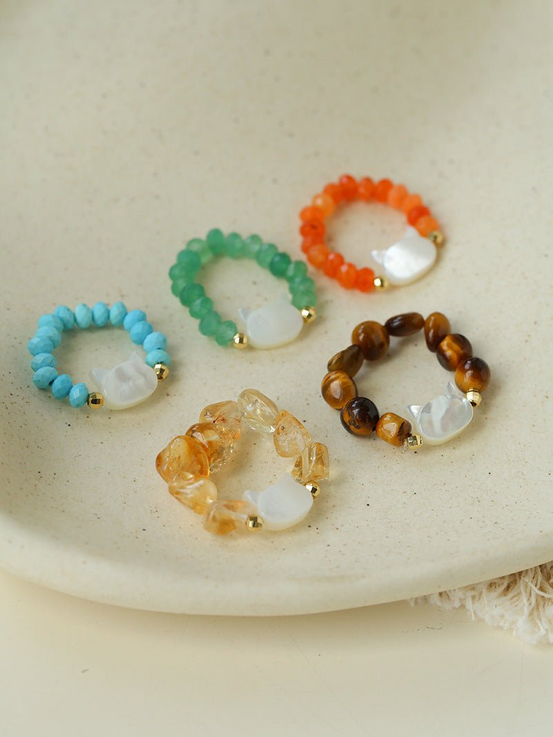 Colorful White Shell Cat‑Head Stretch Beaded Ring - floysun