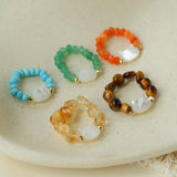 Colorful White Shell Cat‑Head Stretch Beaded Ring - floysun