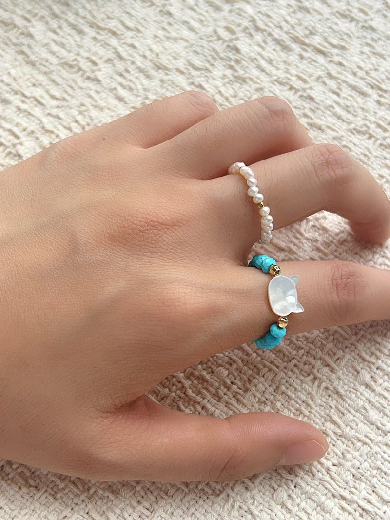 Colorful White Shell Cat‑Head Stretch Beaded Ring - floysun