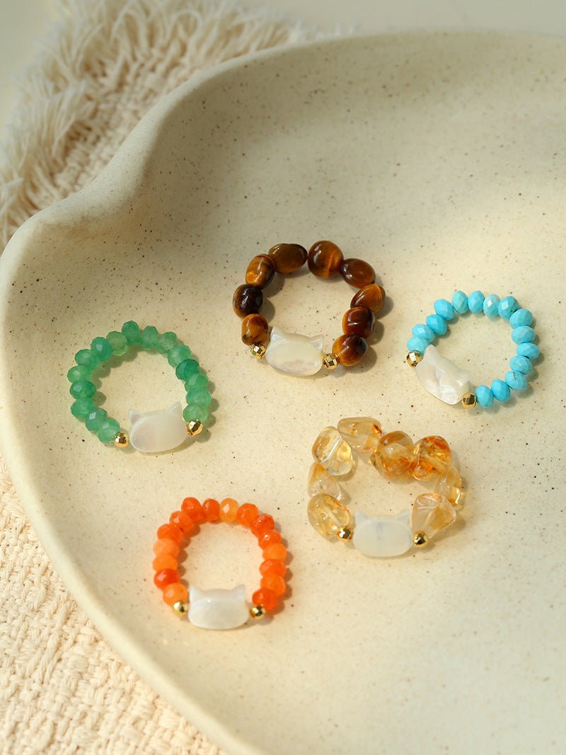 Colorful White Shell Cat‑Head Stretch Beaded Ring - floysun