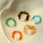 Colorful White Shell Cat‑Head Stretch Beaded Ring - floysun