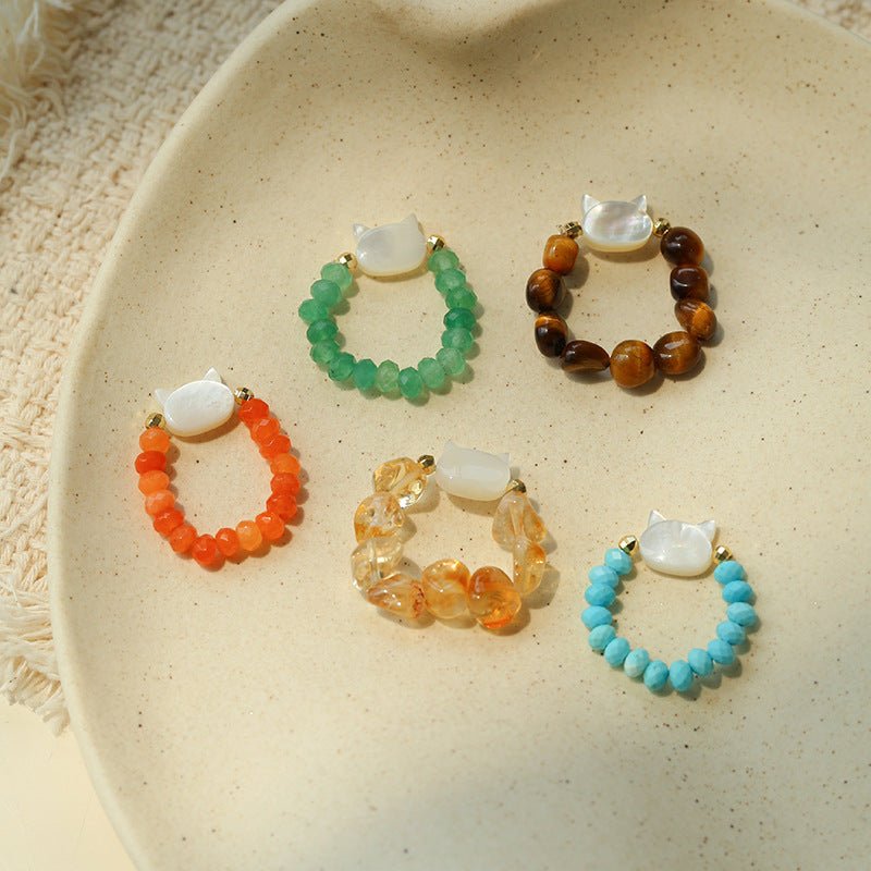 Colorful White Shell Cat‑Head Stretch Beaded Ring - floysun