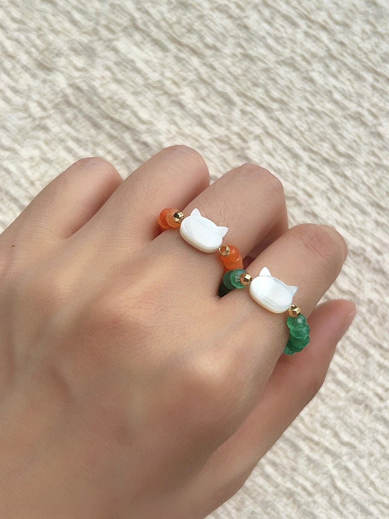 Colorful White Shell Cat‑Head Stretch Beaded Ring - floysun