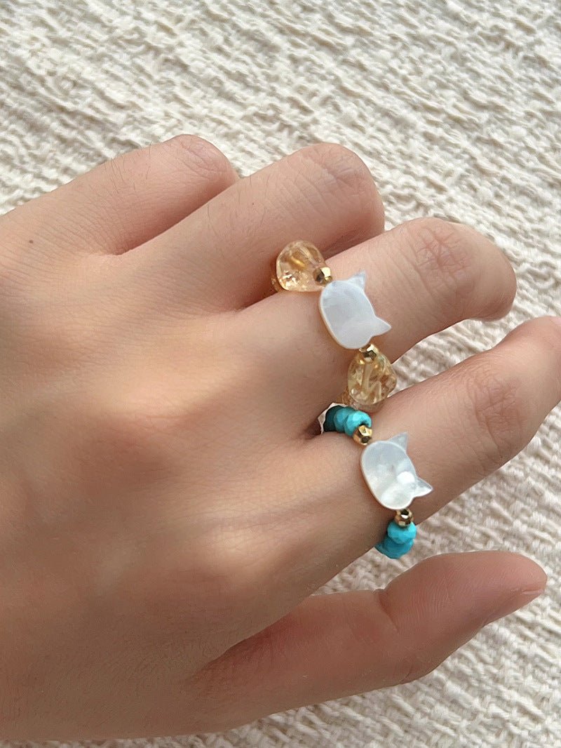 Colorful White Shell Cat‑Head Stretch Beaded Ring - floysun