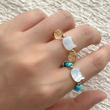 Colorful White Shell Cat‑Head Stretch Beaded Ring - floysun