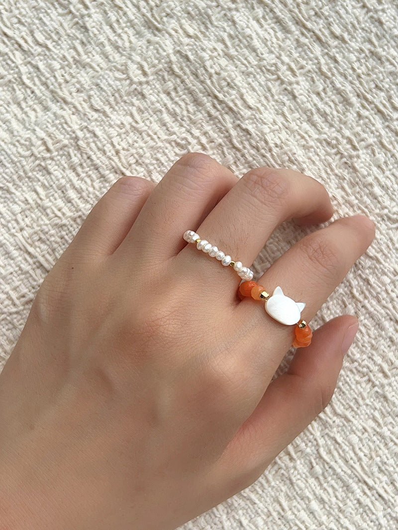 Colorful White Shell Cat‑Head Stretch Beaded Ring - floysun