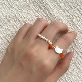 Colorful White Shell Cat‑Head Stretch Beaded Ring - floysun