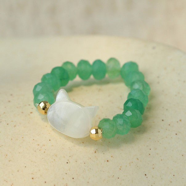 Colorful White Shell Cat‑Head Stretch Beaded Ring - floysun