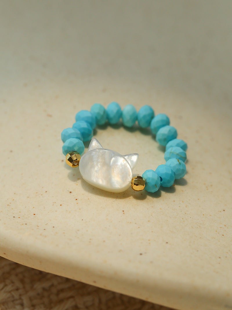 Colorful White Shell Cat‑Head Stretch Beaded Ring - floysun