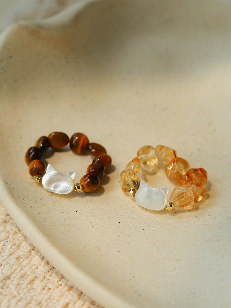 Colorful White Shell Cat‑Head Stretch Beaded Ring - floysun