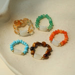Colorful White Shell Cat‑Head Stretch Beaded Ring - floysun
