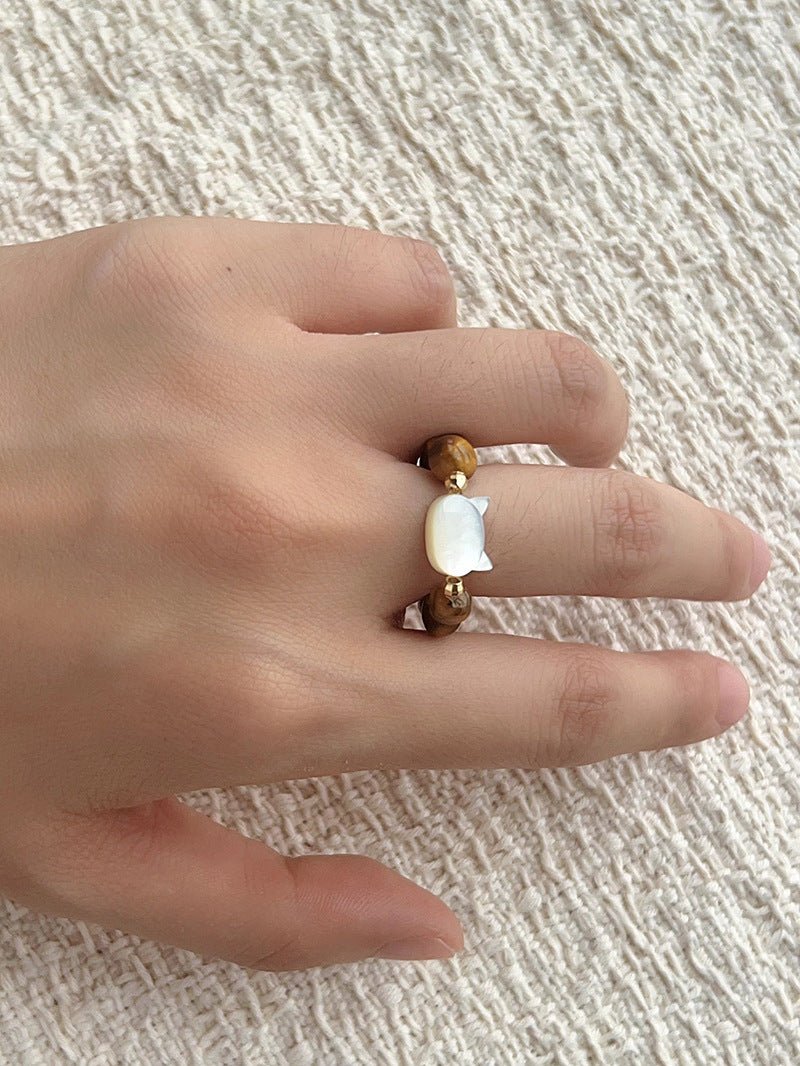 Colorful White Shell Cat‑Head Stretch Beaded Ring - floysun