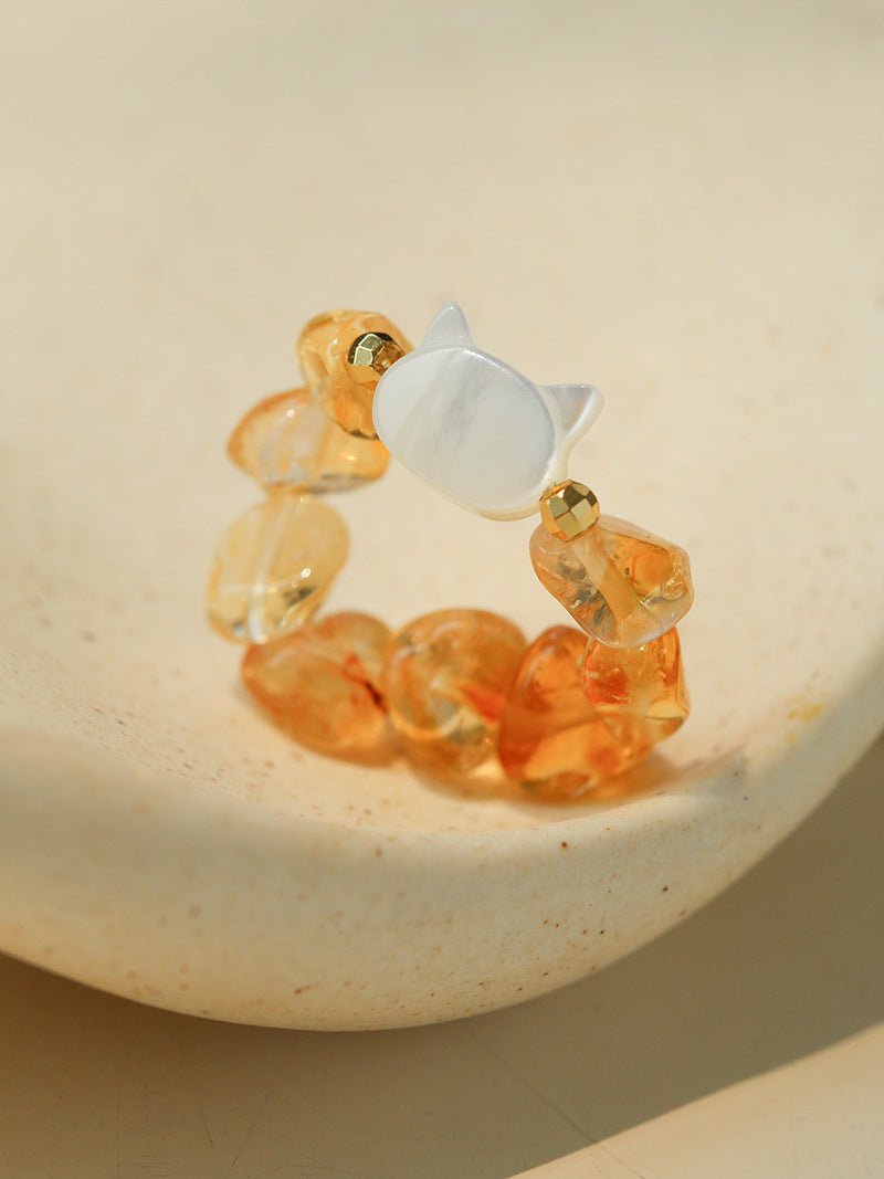Colorful White Shell Cat‑Head Stretch Beaded Ring - floysun