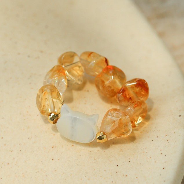 Colorful White Shell Cat‑Head Stretch Beaded Ring - floysun