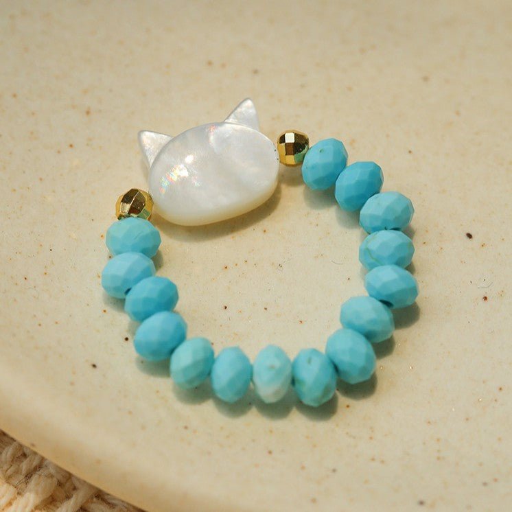 Colorful White Shell Cat‑Head Stretch Beaded Ring - floysun