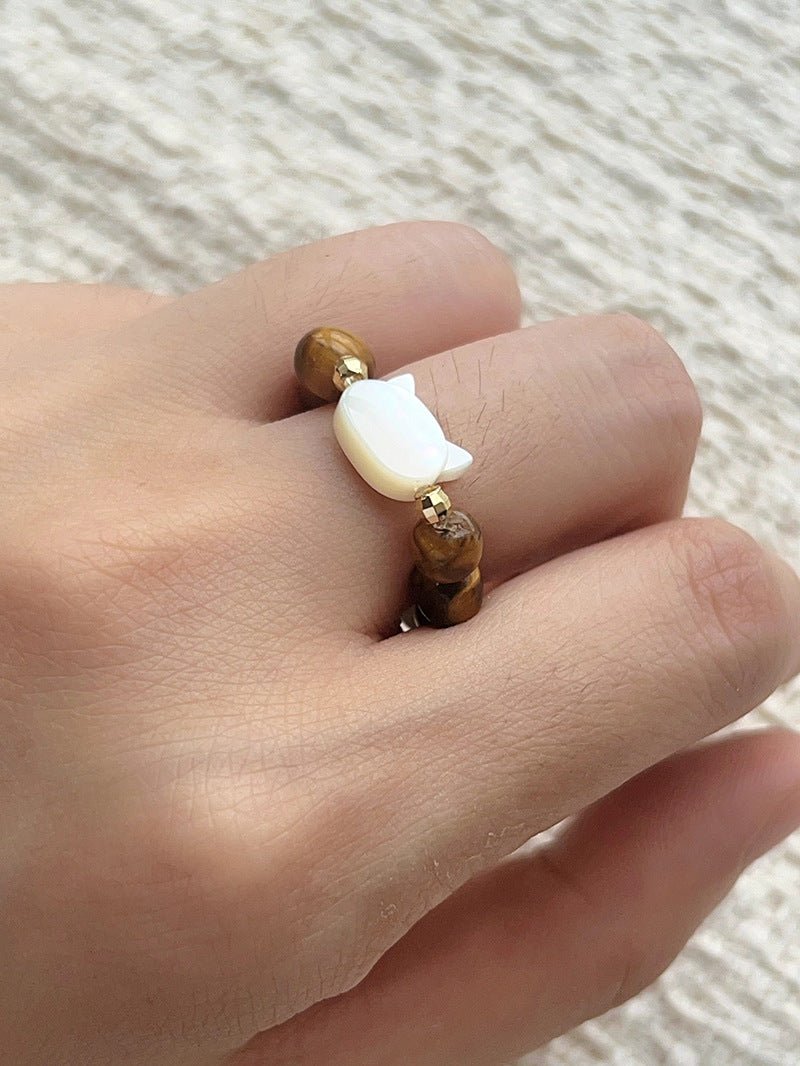 Colorful White Shell Cat‑Head Stretch Beaded Ring - floysun