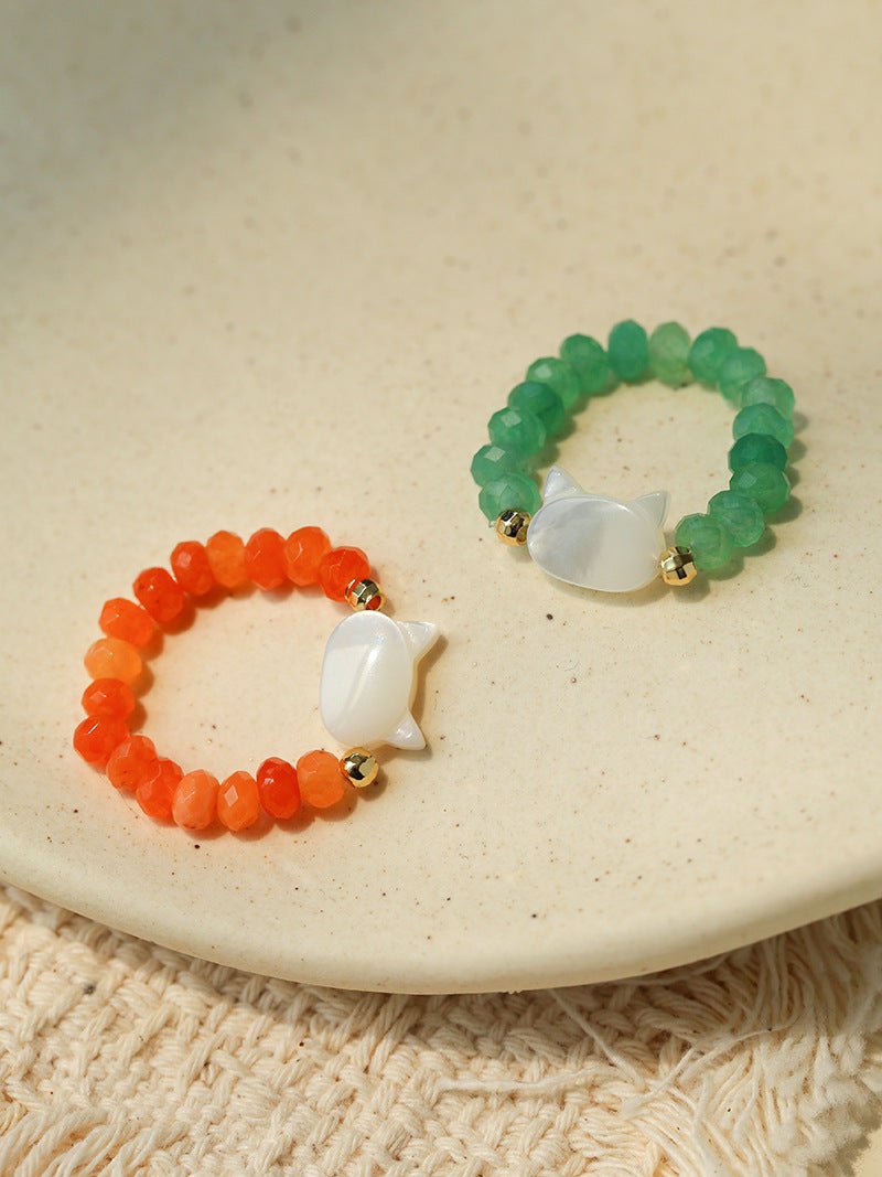 Colorful White Shell Cat‑Head Stretch Beaded Ring - floysun