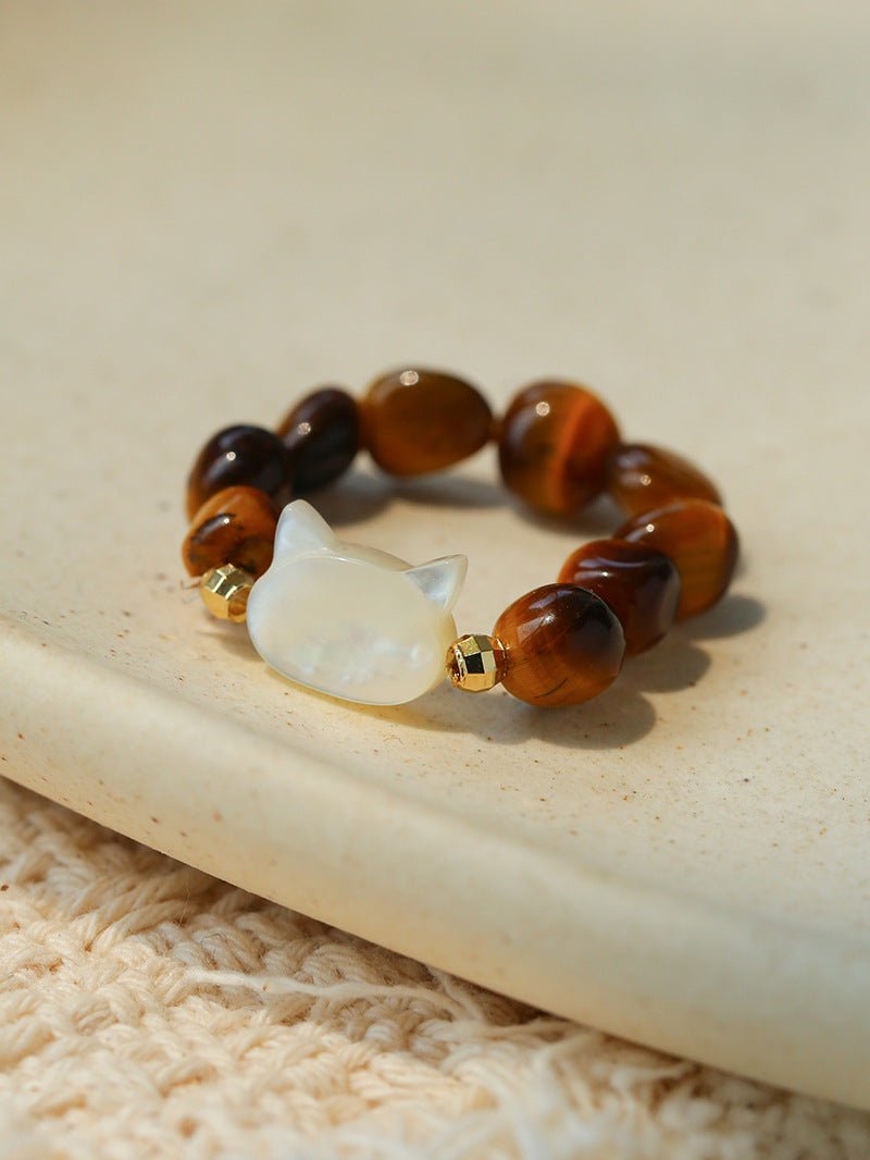 Colorful White Shell Cat‑Head Stretch Beaded Ring - floysun