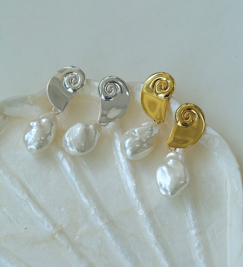 Conch Baroque Artificial Pearl Drop Earrings - floysun