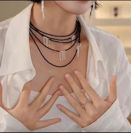 Convertible Black Spinel Tassel Long Necklace - floysun